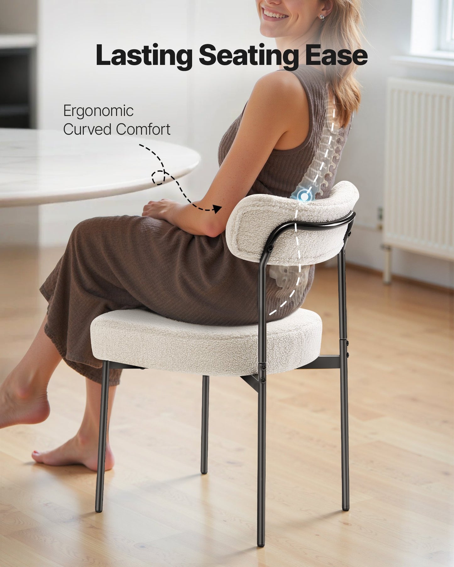 Boucle Dining Chairs Set of 2, Mid Century Modern Sherpa Accent Chairs, Upholstered Side Chair for Dining Table, Space-Saving White Kitchen Table Chair with Curved Backrest and Black Metal Legs