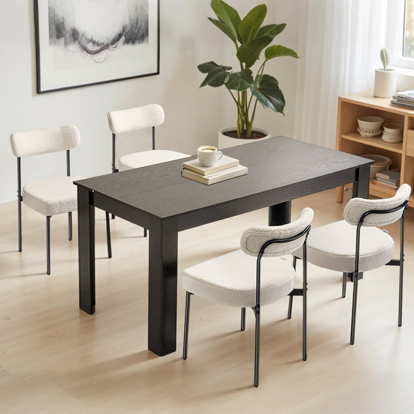 Boucle Dining Chairs Set of 2, Mid Century Modern Sherpa Accent Chairs, Upholstered Side Chair for Dining Table, Space-Saving White Kitchen Table Chair with Curved Backrest and Black Metal Legs