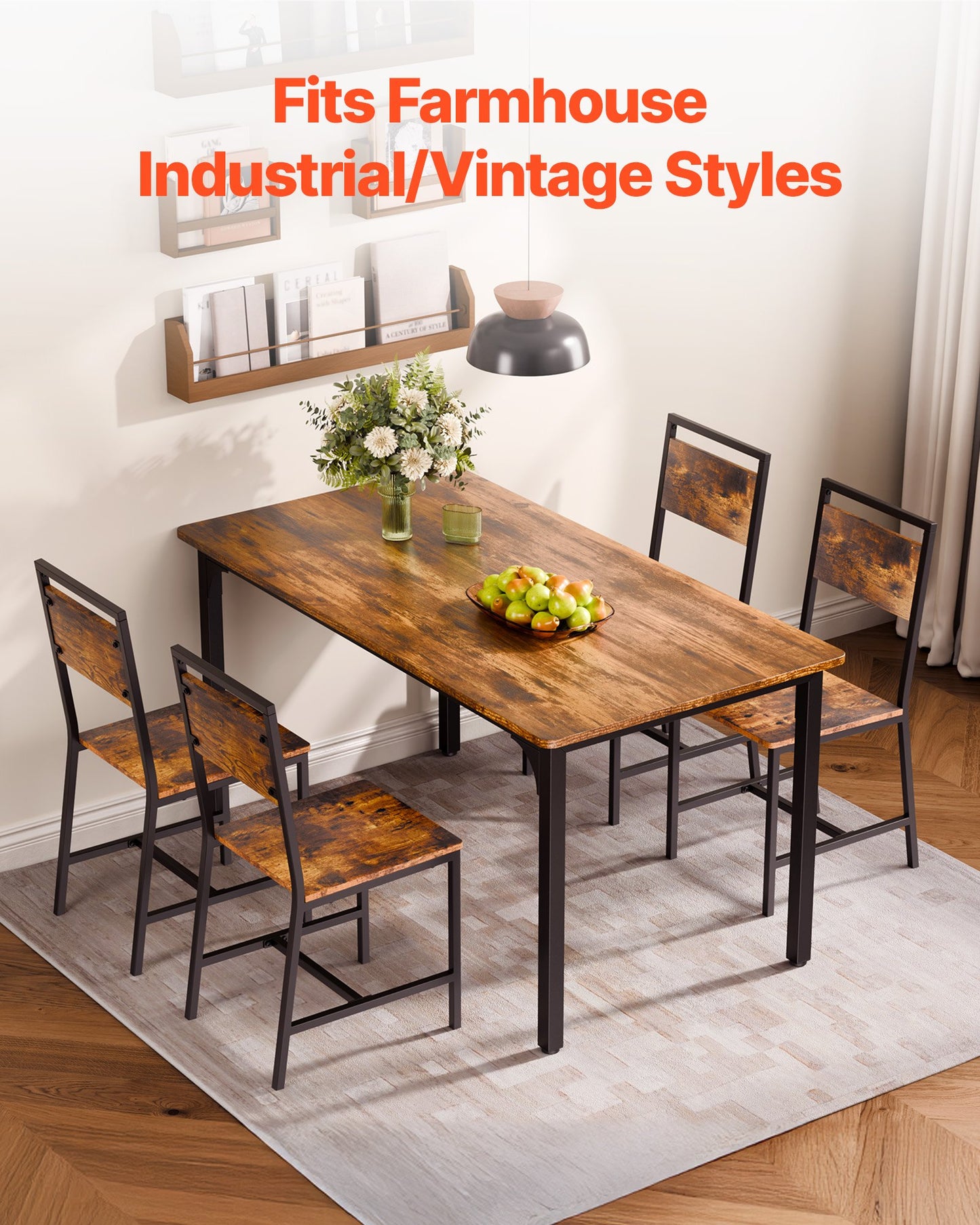 Dining Chairs Set of 2, Wooden Table Chairs with Metal Frame and Backrest, Easy to Assemble Leather Side Chair, Modern Farmhouse Walnut Chair for Kitchen Living Room, Rustic Brown and Black