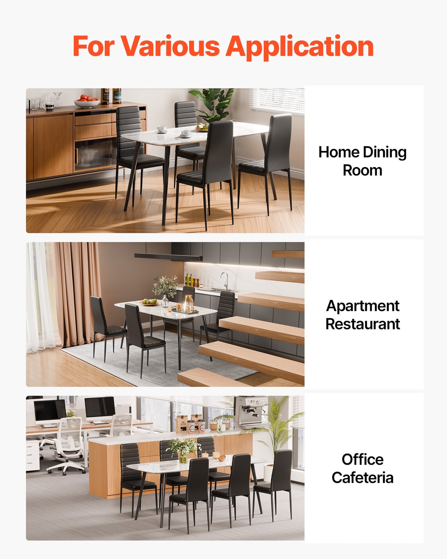 Modern Dining Room Accent Chairs Set of 4, Upholstered Leather Side Chair for Dining Tables, Space-Saving Kitchen Table Chair with Thick Cushions and Metal Legs, Black