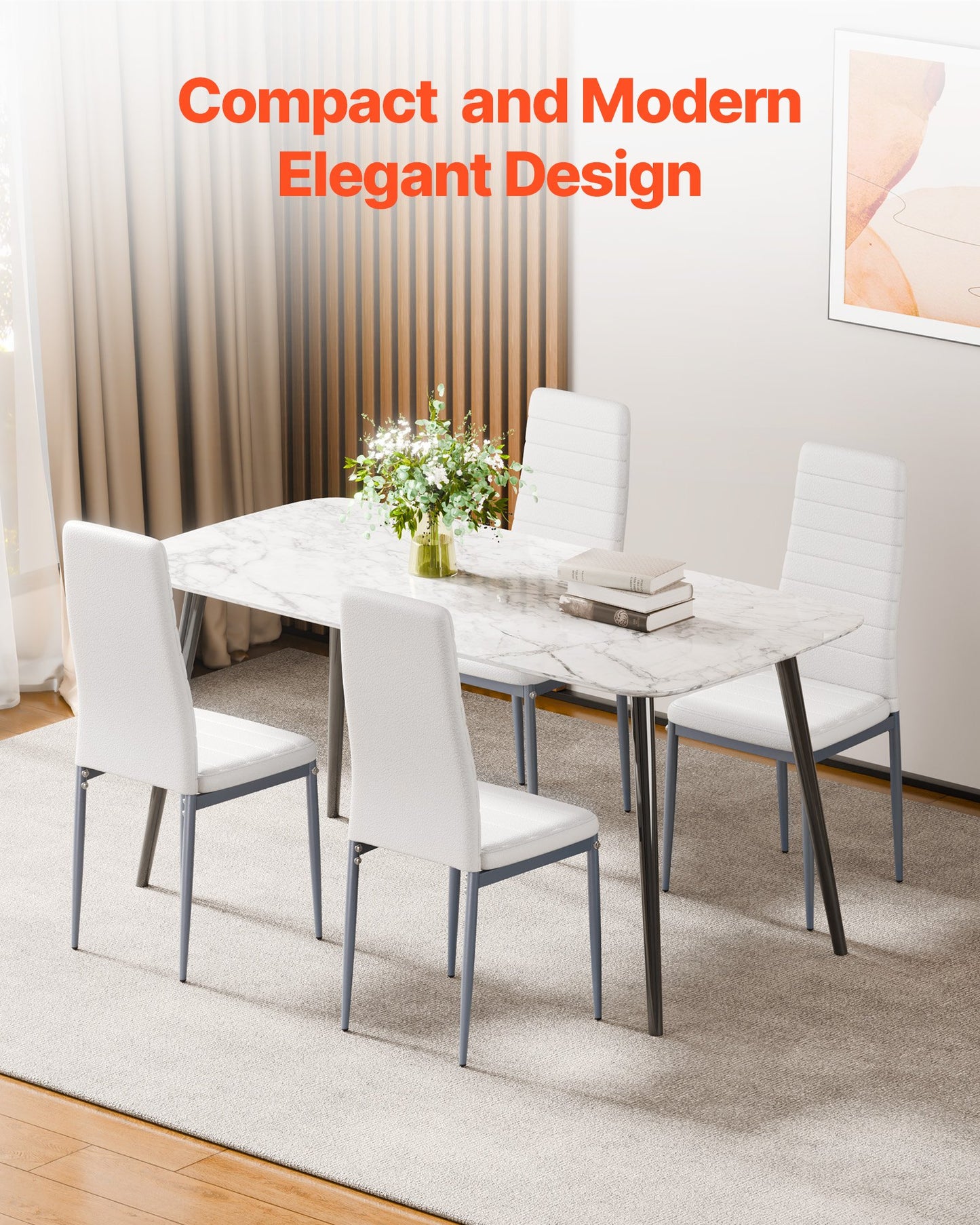 Modern Dining Room Accent Chairs Set of 6, Upholstered Leather Side Chair for Dining Tables, Space-Saving Kitchen Table Chair with Thick Cushions and Metal Legs, White