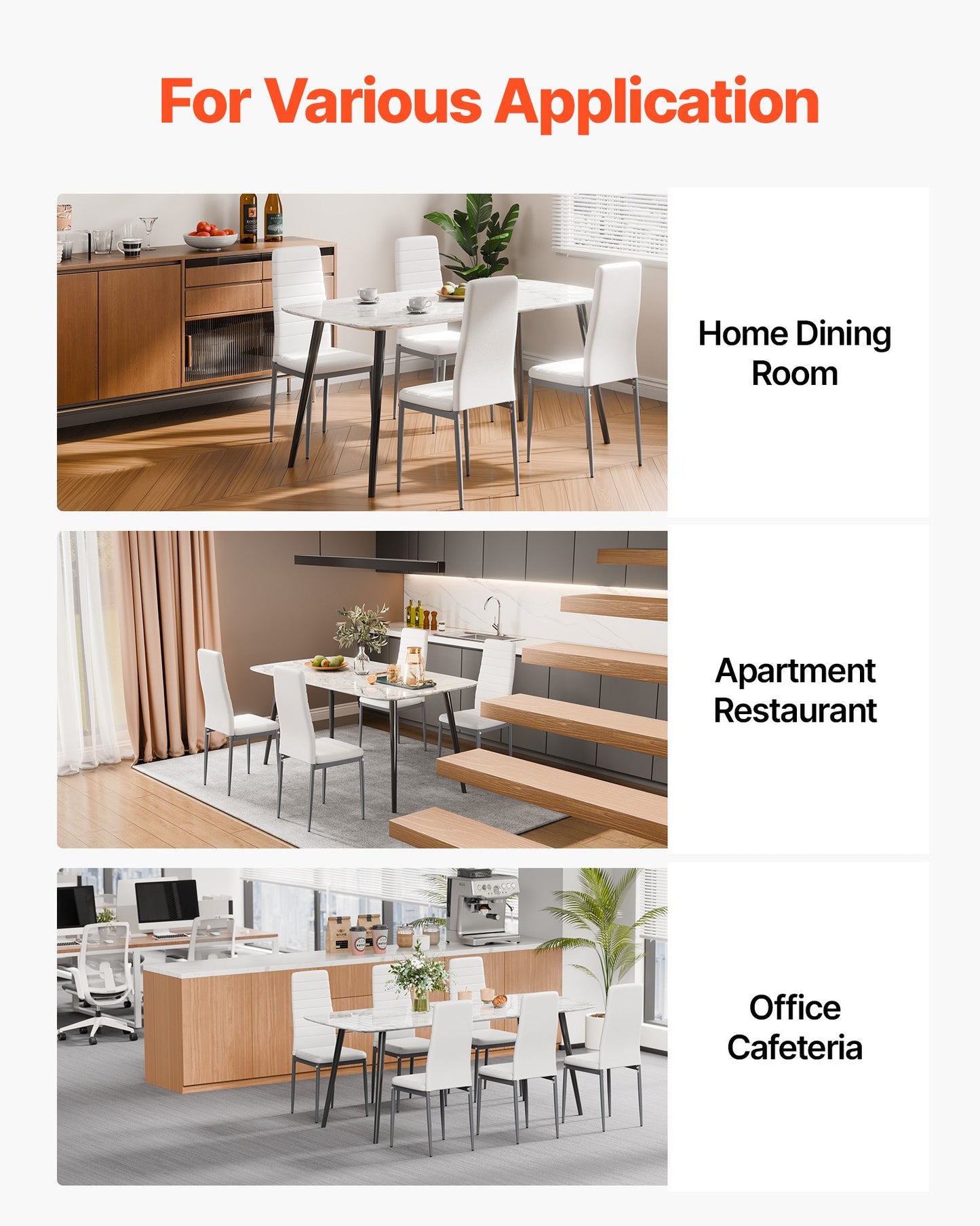 Modern Dining Room Accent Chairs Set of 6, Upholstered Leather Side Chair for Dining Tables, Space-Saving Kitchen Table Chair with Thick Cushions and Metal Legs, White