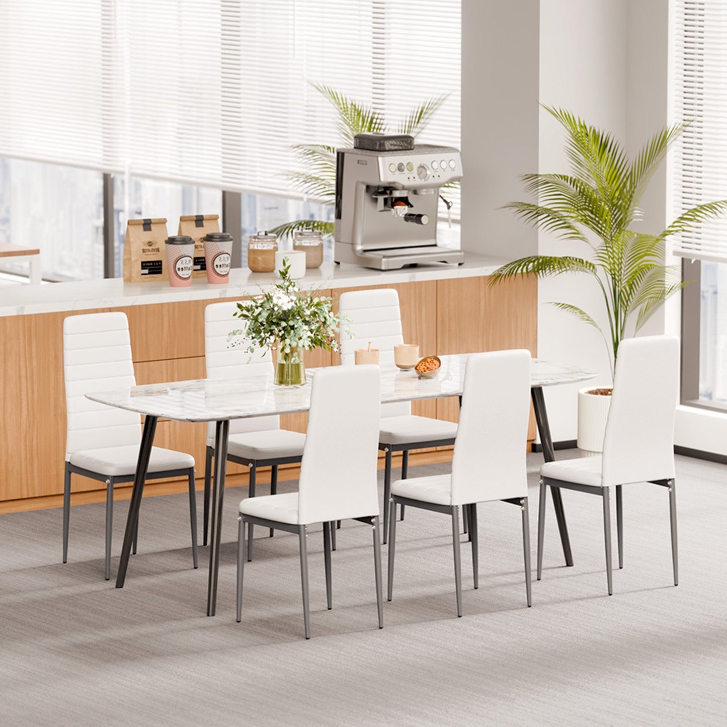 Modern Dining Room Accent Chairs Set of 6, Upholstered Leather Side Chair for Dining Tables, Space-Saving Kitchen Table Chair with Thick Cushions and Metal Legs, White