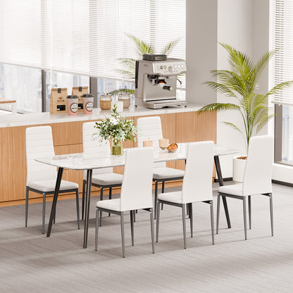 Modern Dining Room Accent Chairs Set of 6, Upholstered Leather Side Chair for Dining Tables, Space-Saving Kitchen Table Chair with Thick Cushions and Metal Legs, White