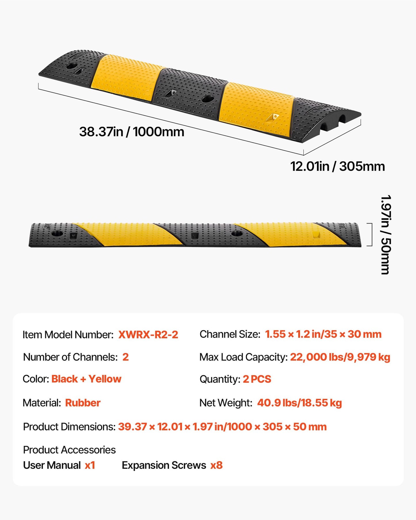 40 in Rubber Speed Bump, 2 Pack, 2 Channel Heavy Duty Traffic Speed Hump, 22000 lbs/Axle Load Capacity, Cable Protector Ramp with Expansion Screws, for Asphalt Concrete Gravel Driveway and Road