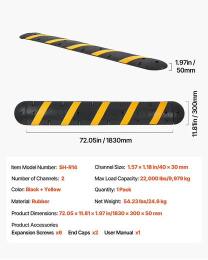 6FT Rubber Speed Bump, 2 Channel, Heavy Duty Traffic Speed Hump, 22000 lbs/axle Load Capacity, 72 in Cable Protector Ramp with Expansion Screws, for Asphalt Concrete Gravel Driveway Road, 1 Pack