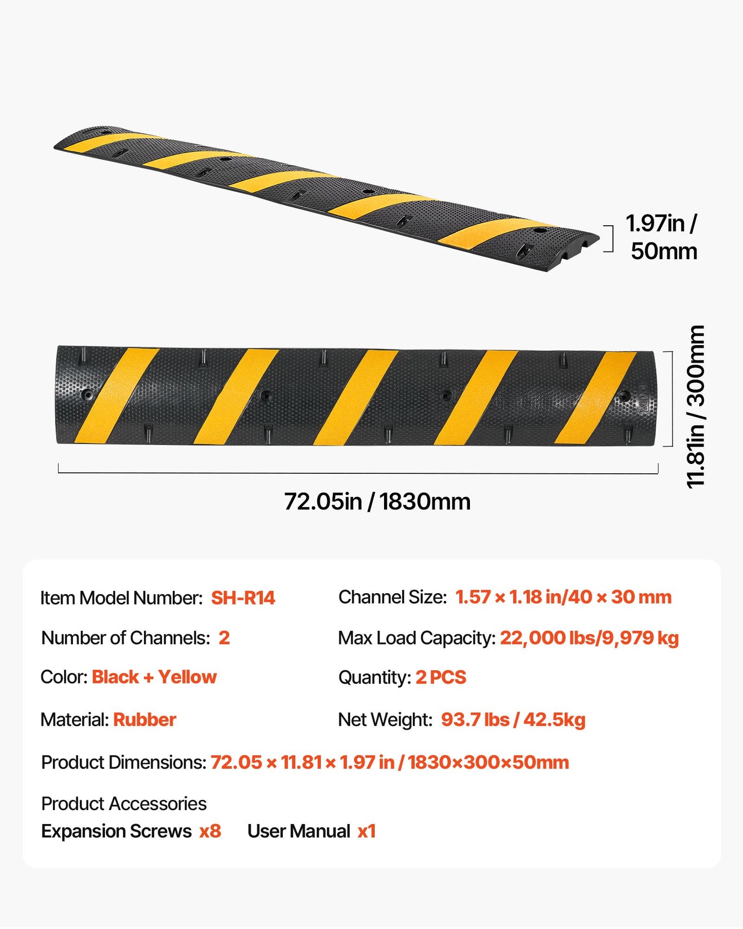6FT Rubber Speed Bump, 2 Pack, 2 Channel Heavy Duty Traffic Speed Hump, 22000 lbs/Axle Load Capacity, 72 in Cable Protector Ramp with Expansion Screws, for Asphalt Concrete Gravel Driveway Road