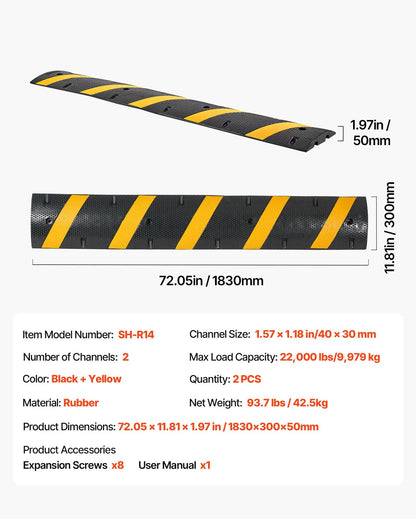 6FT Rubber Speed Bump, 2 Pack, 2 Channel Heavy Duty Traffic Speed Hump, 22000 lbs/Axle Load Capacity, 72 in Cable Protector Ramp with Expansion Screws, for Asphalt Concrete Gravel Driveway Road