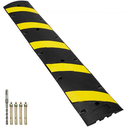 72'' Rubber Speed Bump, Dual Channel, Supports up to 22000 lbs, Durable Traffic Speed Hump with Bright Yellow Reflective Strip, Includes 4 Expansion Screws & Drill for Asphalt, Concrete, Grav