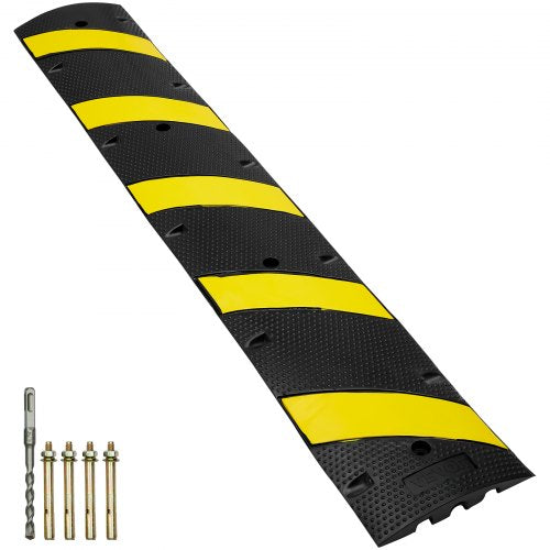72'' Rubber Speed Bump, Dual Channel, Supports up to 22000 lbs, Durable Traffic Speed Hump with Bright Yellow Reflective Strip, Includes 4 Expansion Screws & Drill for Asphalt, Concrete, Grav