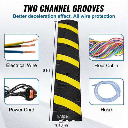 2PCs 6 ft/72'' Rubber Speed Hump, 2 Channel, 22000 lbs Capacity Heavy Duty Traffic Speed Bump, with High Reflective Yellow Strip 8 Expansion Screws and 1 Drill, for Asphalt Concrete Gravel Roads