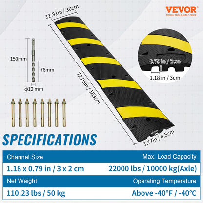2PCs 6 ft/72'' Rubber Speed Hump, 2 Channel, 22000 lbs Capacity Heavy Duty Traffic Speed Bump, with High Reflective Yellow Strip 8 Expansion Screws and 1 Drill, for Asphalt Concrete Gravel Roads