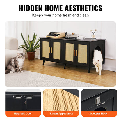 Cat litter box enclosure Wooden cat litter Furniture hidden 2 rooms black