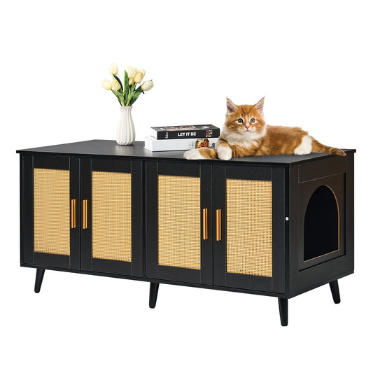 Cat litter box enclosure Wooden cat litter Furniture hidden 2 rooms black