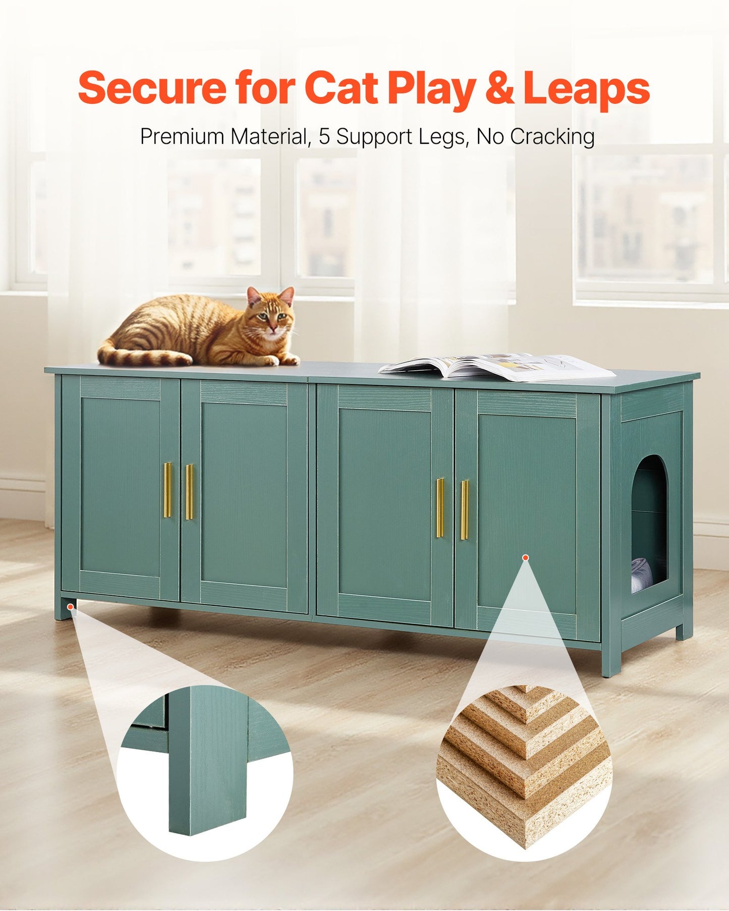 Cat Litter Box Enclosure for Multi Cats, 47.2 in Hidden Litter Box Cabinet with 4 Doors & 2 Entries, Indoor Cat Washroom, Wooden Kitty House Furniture Side Table, Fit Most Litterboxes, Green