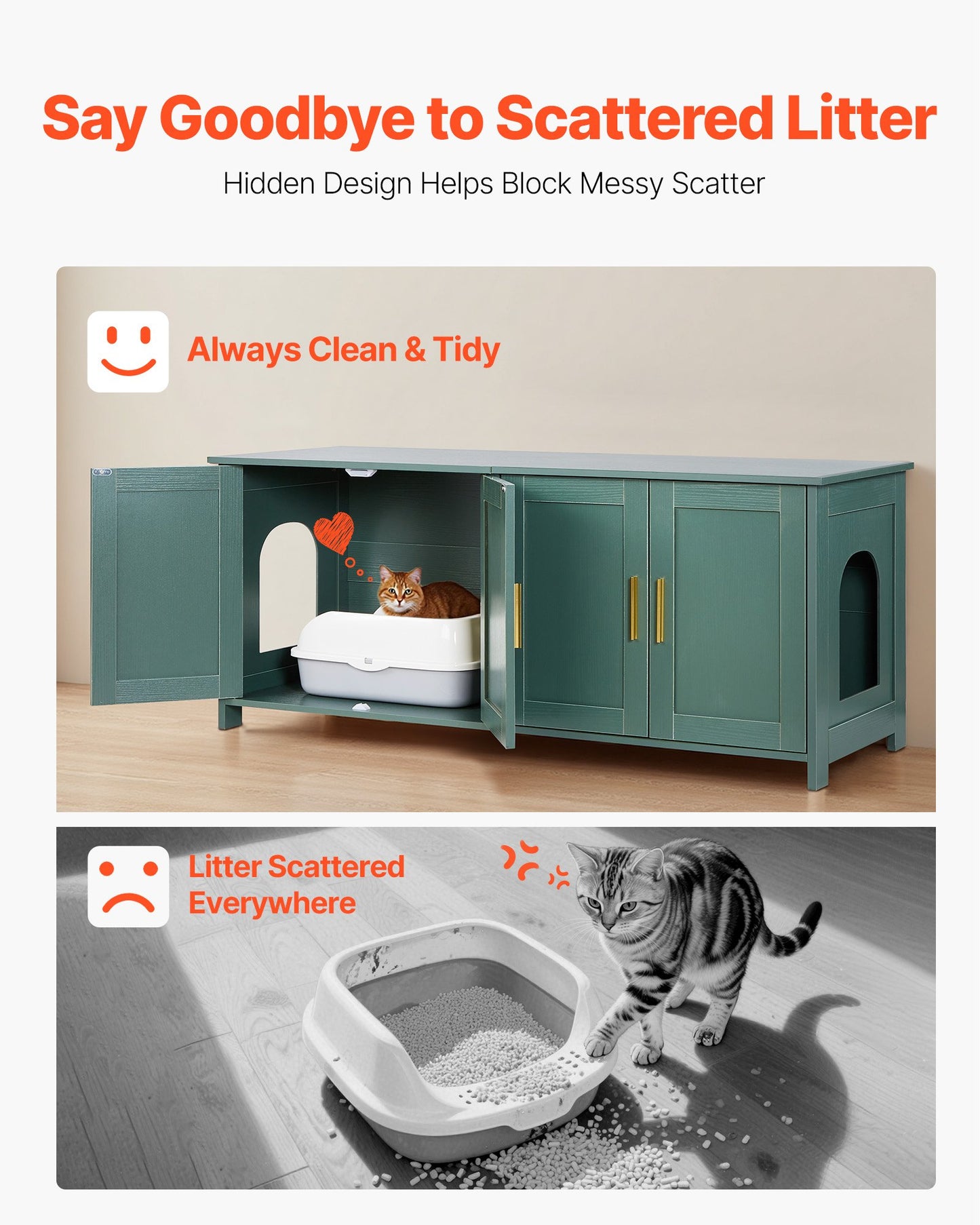 Cat Litter Box Enclosure for Multi Cats, 47.2 in Hidden Litter Box Cabinet with 4 Doors & 2 Entries, Indoor Cat Washroom, Wooden Kitty House Furniture Side Table, Fit Most Litterboxes, Green