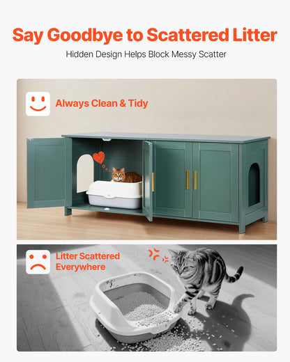 Cat Litter Box Enclosure for Multi Cats, 47.2 in Hidden Litter Box Cabinet with 4 Doors & 2 Entries, Indoor Cat Washroom, Wooden Kitty House Furniture Side Table, Fit Most Litterboxes, Green