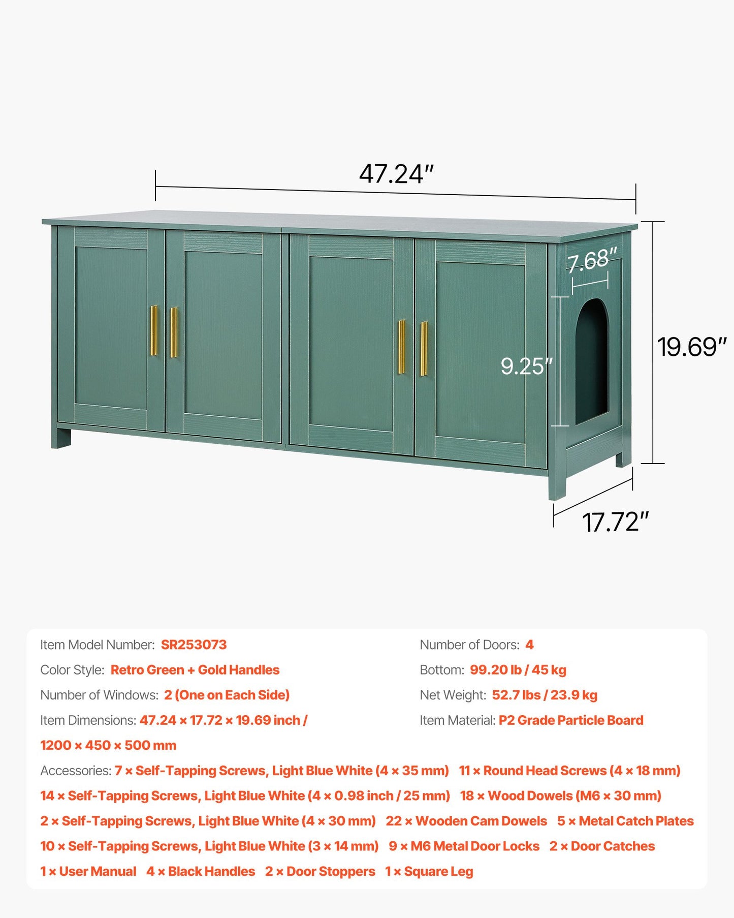 Cat Litter Box Enclosure for Multi Cats, 47.2 in Hidden Litter Box Cabinet with 4 Doors & 2 Entries, Indoor Cat Washroom, Wooden Kitty House Furniture Side Table, Fit Most Litterboxes, Green