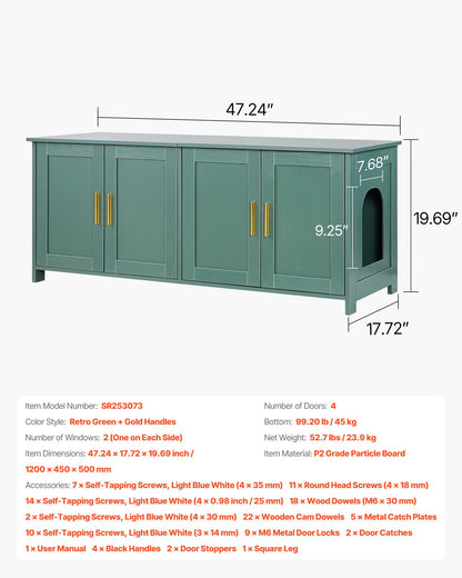 Cat Litter Box Enclosure for Multi Cats, 47.2 in Hidden Litter Box Cabinet with 4 Doors & 2 Entries, Indoor Cat Washroom, Wooden Kitty House Furniture Side Table, Fit Most Litterboxes, Green