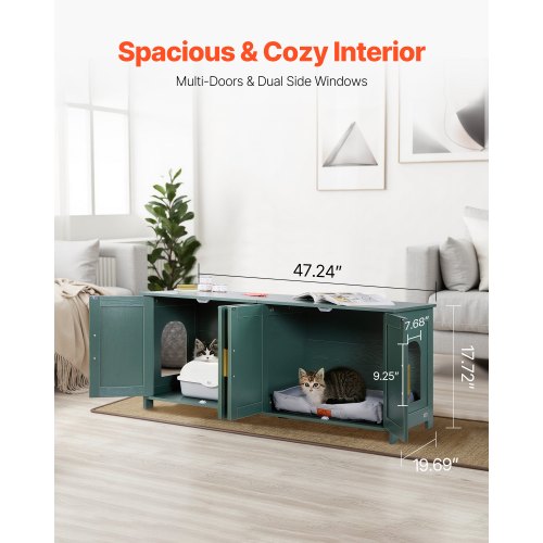 Kattlåda för flera katter, 120 cm dolt kattlådaskåp med 4 rottingdörrar och 2 ingångar, inomhuskattrum, kattmöbler i trä, passar de flesta kattlådor, grön |  EU