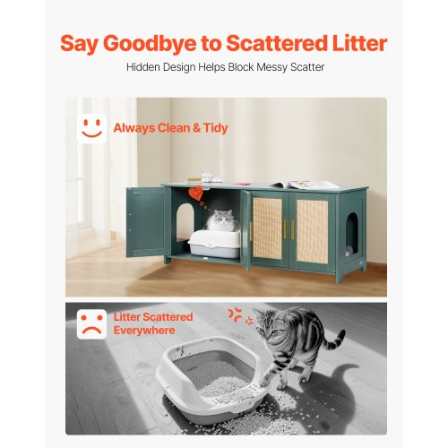 Kattlåda för flera katter, 120 cm dolt kattlådaskåp med 4 rottingdörrar och 2 ingångar, inomhuskattrum, kattmöbler i trä, passar de flesta kattlådor, grön |  EU