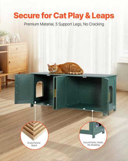 Cat Litter Box Enclosure for Multi Cats, 47.2 in Hidden Litter Box Cabinet with 4 Rattan Doors & 2 Entries, Indoor Cat Washroom, Wooden Kitty House Furniture, Fit Most Litterboxes, Green