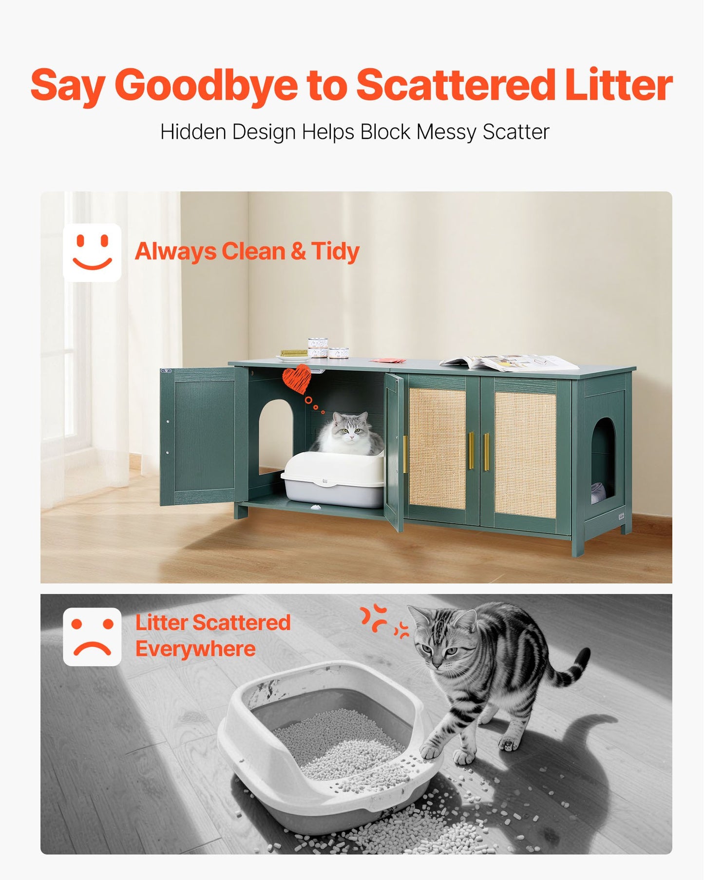 Cat Litter Box Enclosure for Multi Cats, 47.2 in Hidden Litter Box Cabinet with 4 Rattan Doors & 2 Entries, Indoor Cat Washroom, Wooden Kitty House Furniture, Fit Most Litterboxes, Green