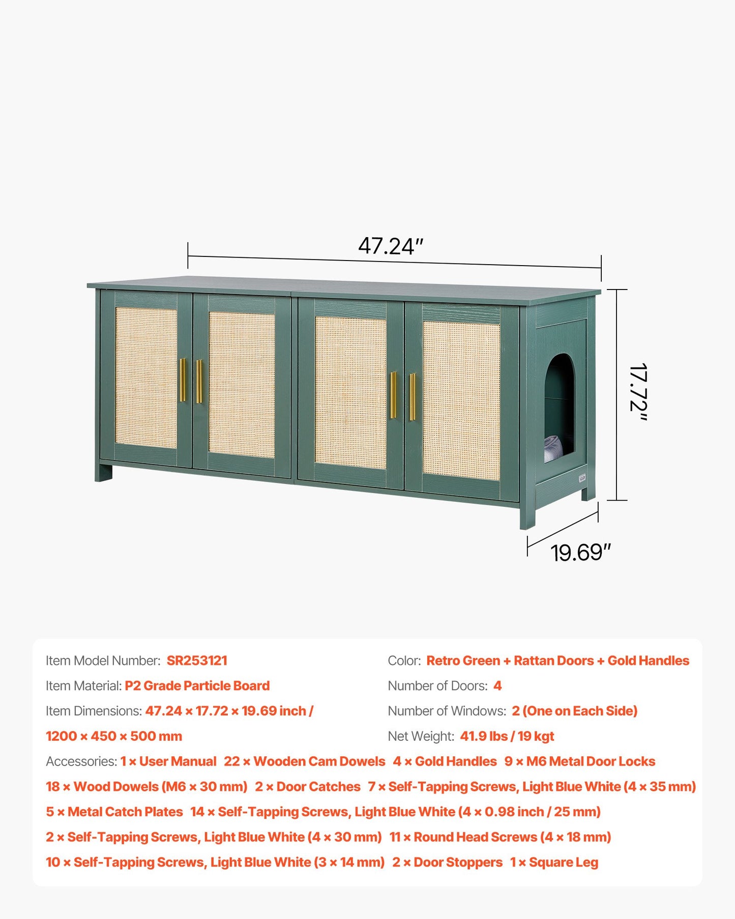 Cat Litter Box Enclosure for Multi Cats, 47.2 in Hidden Litter Box Cabinet with 4 Rattan Doors & 2 Entries, Indoor Cat Washroom, Wooden Kitty House Furniture, Fit Most Litterboxes, Green