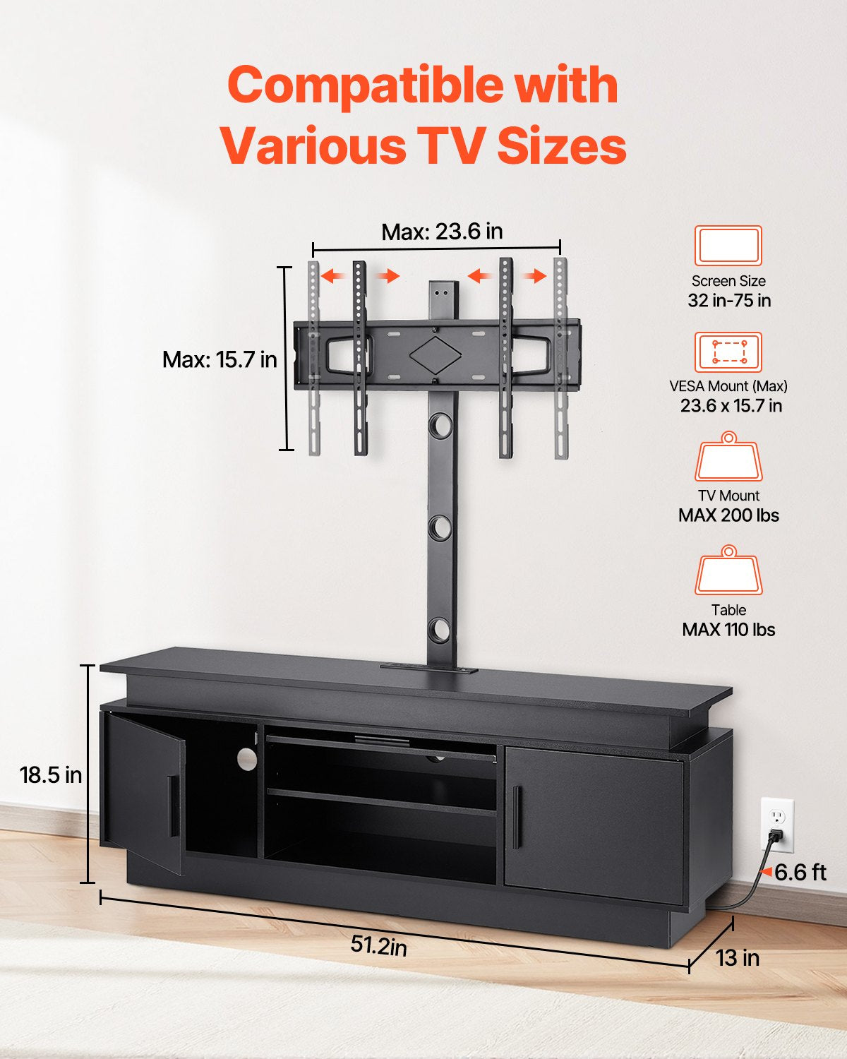 52" TV Stand with Mount for up to 75 in TVs, Entertainment Center with Power Outlet & LED Lights, Height Adjustable TV Console with Mount with 3 Tiers Storage Cabinets for Bedroom, Living Room