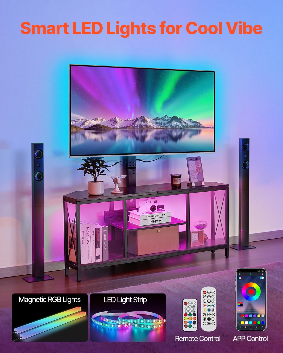45" TV Stand with Mount for up to 75 in TVs, Entertainment Center with Power Outlet & LED Lights, Height Adjustable TV Console with Mount with 3 Tiers Storage Cabinets for Bedroom, Living Room