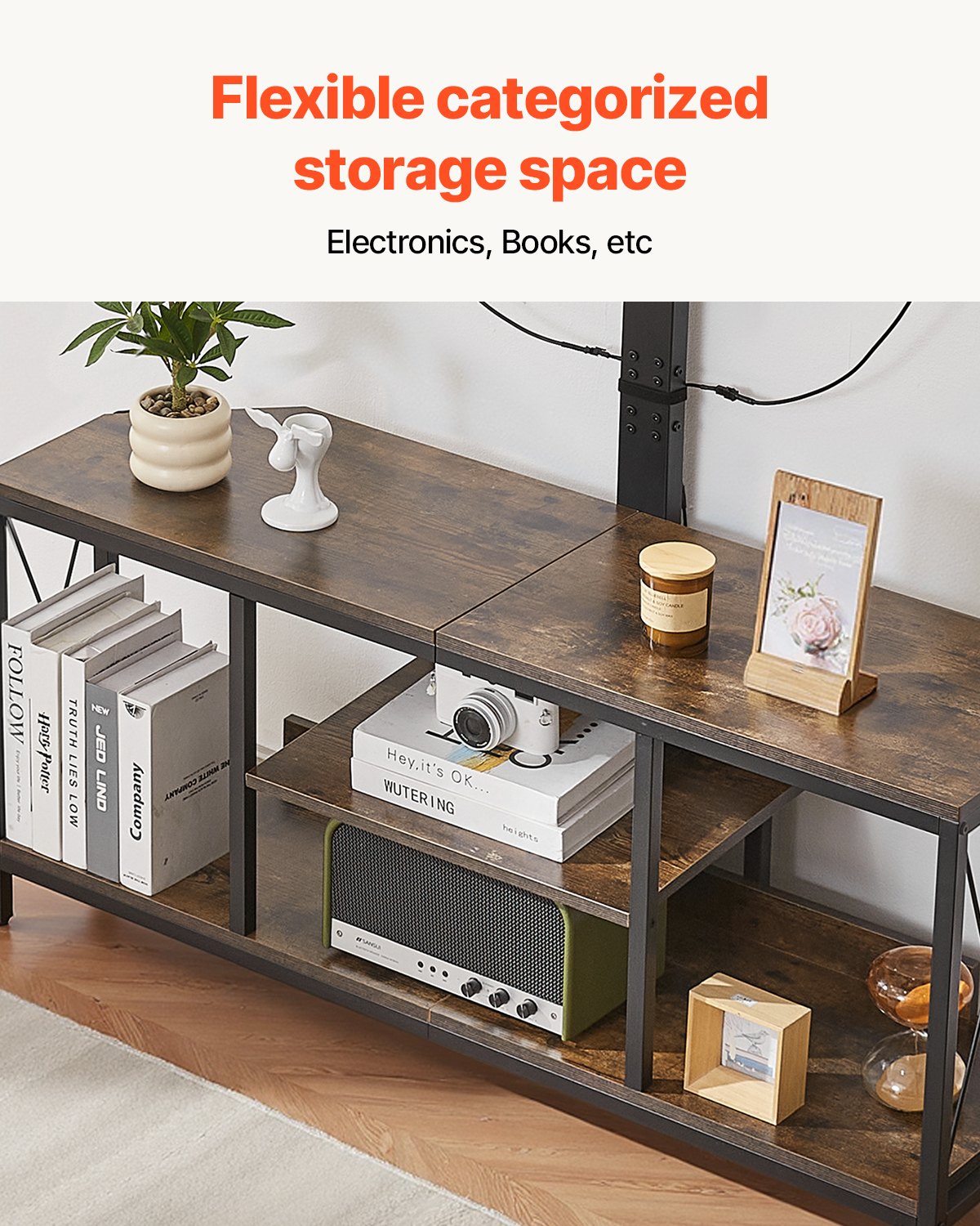 45" TV Stand with Mount for up to 75 in TVs, Entertainment Center with Power Outlet & LED Lights, Height Adjustable TV Console with Mount with 3 Tiers Storage Cabinets for Bedroom, Living Room