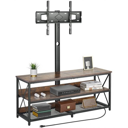48" TV Stand with Mount for up to 75 in TVs, Entertainment Center with Power Outlet, Height Adjustable TV Console with Mount with 3 Tiers Open Storage Cabinets for Bedroom, Living Room, Browm
