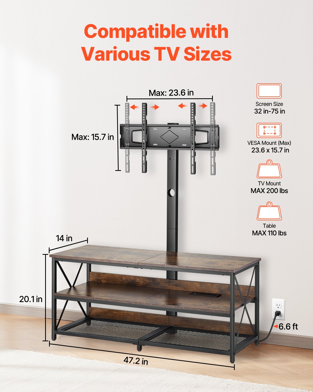 48" TV Stand with Mount for up to 75 in TVs, Entertainment Center with Power Outlet, Height Adjustable TV Console with Mount with 3 Tiers Open Storage Cabinets for Bedroom, Living Room, Browm