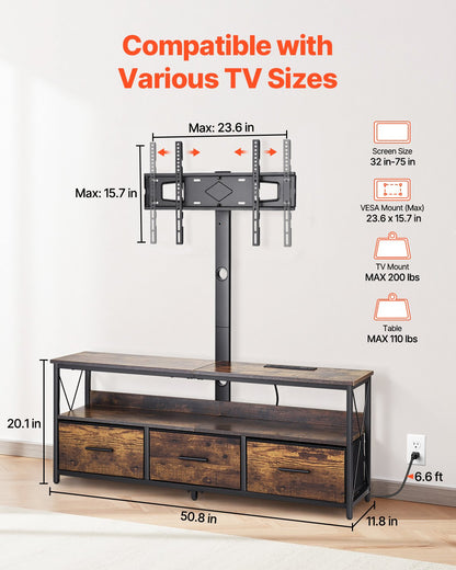 52" TV Stand with Mount for up to 75 in TVs, Entertainment Center with Power Outlet & LED Lights, Height Adjustable TV Console with Mount with 3 Drawers for Bedroom, Living Room, Brown