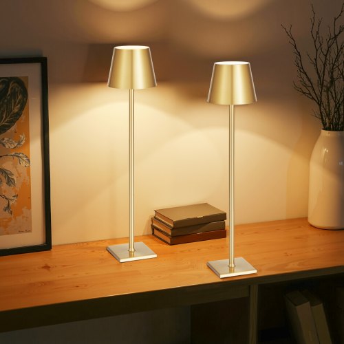 Cordless Table Lamp, 2-Pack, 5200mAh Built-in Rechargeable Battery Desk Lamp, Stepless Dimming Up, 3 Adjustable Heights, Detachable Lampshade for Bottle, Restaurant, Bedroom, Outdoor, Gold