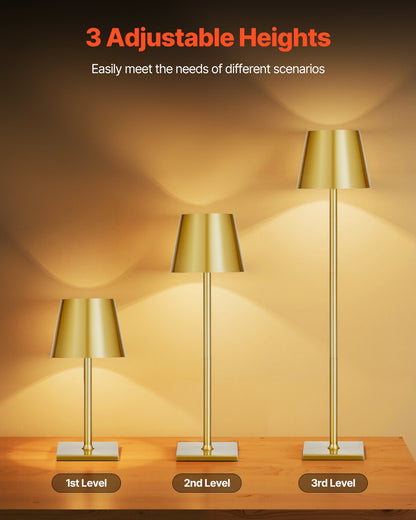 Cordless Table Lamp, 2-Pack, 5200mAh Built-in Rechargeable Battery Desk Lamp, Stepless Dimming Up, 3 Adjustable Heights, Detachable Lampshade for Bottle, Restaurant, Bedroom, Outdoor, Gold
