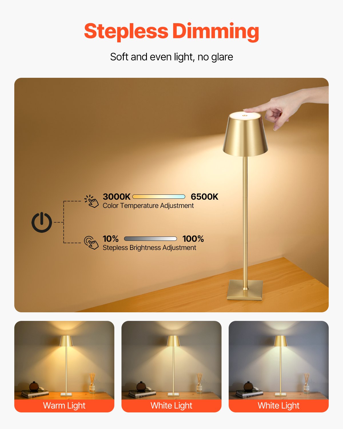 Cordless Table Lamp, 2-Pack, 5200mAh Built-in Rechargeable Battery Desk Lamp, Stepless Dimming Up, 3 Adjustable Heights, Detachable Lampshade for Bottle, Restaurant, Bedroom, Outdoor, Gold