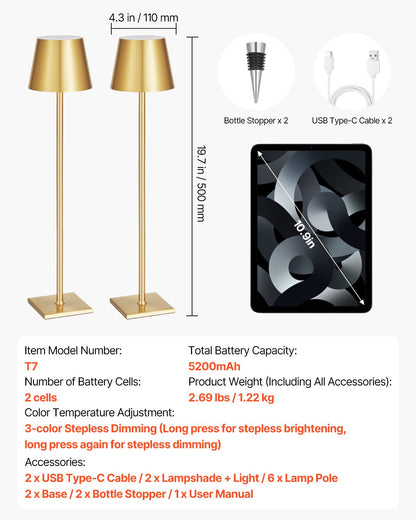 Cordless Table Lamp, 2-Pack, 5200mAh Built-in Rechargeable Battery Desk Lamp, Stepless Dimming Up, 3 Adjustable Heights, Detachable Lampshade for Bottle, Restaurant, Bedroom, Outdoor, Gold