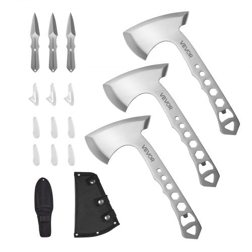Throwing Axes and Tomahawks, 3 Pack Hatchet Axes and 3 Pack Knives Throwing Products Set, Handle with Wrench and Bottle Opener, Stainless Steel, Black Nylon Sheath, for Recreation Competition