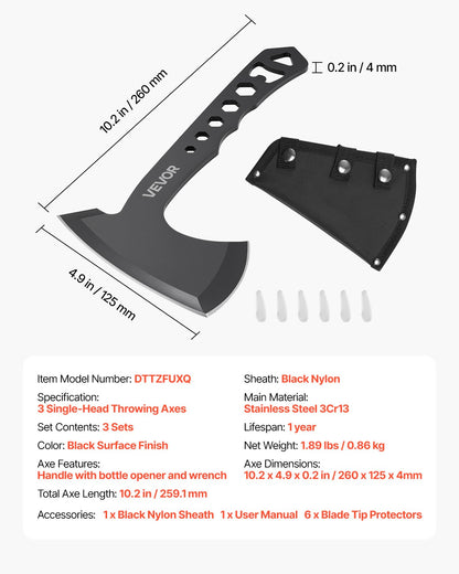 Throwing Axes and Tomahawks, 3 Pack Axe Throwing Hatchet Set, Multi-Functional Handle with Wrench and Bottle Opener, Stainless Steel, with Black Nylon Sheath, for Recreation and Competition