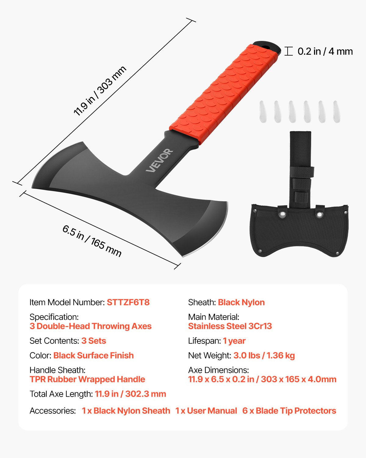 Throwing Axes and Tomahawks, 3 Pack 11.9 inch Double Bit Axe Throwing Hatchet Set, Stainless Steel Head with Non-Slip TPR Rubber Handle, with Black Nylon Sheath, for Recreation and Competition