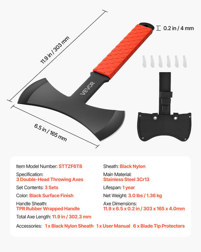 Throwing Axes and Tomahawks, 3 Pack 11.9 inch Double Bit Axe Throwing Hatchet Set, Stainless Steel Head with Non-Slip TPR Rubber Handle, with Black Nylon Sheath, for Recreation and Competition