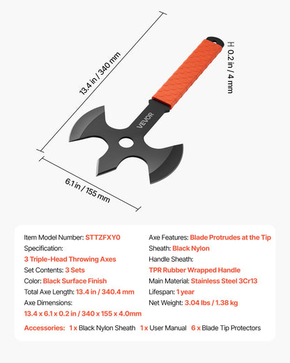 Throwing Axes and Tomahawks, 3 Pack 13.4 inch Triple Edge Axe Throwing Hatchet Set, Stainless Steel Head with Non-Slip TPR Rubber Handle, with Black Nylon Sheath, for Recreation and Competition