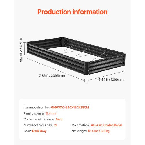 Upphöjd trädgårdsbädd i metall 2,4x1,2x3,6 m förzinkad blomlåda mörkgrå |  EU