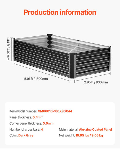 Metall angehoben Garten Bett 6x3x1.5ft Outdoor Galvanisiert Pflanzer Box Dark Grey