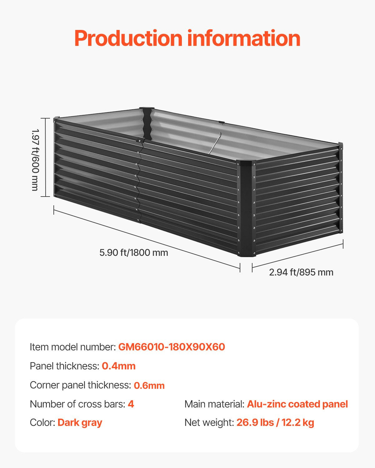 Metall angehoben Garten Bett 6x3x2ft Outdoor Galvanisiert Pflanzer Box Dark Grey