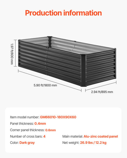 Metal Raised Garden Bed, 6 x 3 x 2 ft Outdoor Galvanized Planter Box, with Open Bottom, Large Planter Raised Bed for Gardening Vegetables, Flowers, Herbs, and Succulent Plants, Dark Gray