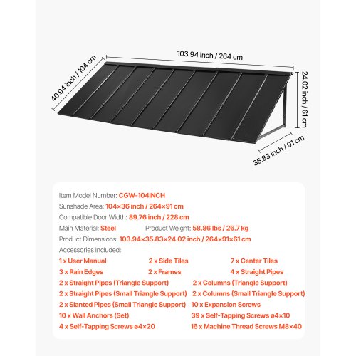 Fönstermarkis Dörrmarkis 104x36 tum Utomhusmarkiser i stål för ytterdörrar