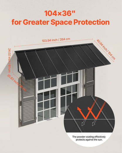 Fixed Metal Awning 104 x 36 in, Window Awning Door Canopy, Stable Triangle Steel Frame Awnings for Doors Exterior Rain, Snow & Sunlight Protection for Door Entrance, Windows, Porches, Balconies