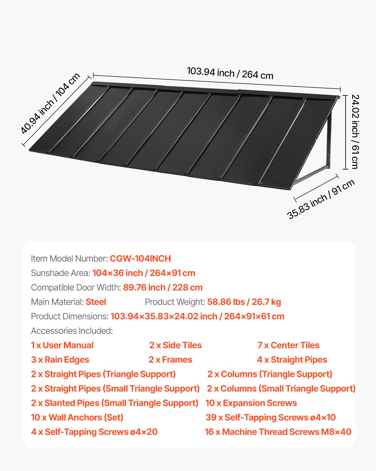 Fixed Metal Awning 104 x 36 in, Window Awning Door Canopy, Stable Triangle Steel Frame Awnings for Doors Exterior Rain, Snow & Sunlight Protection for Door Entrance, Windows, Porches, Balconies